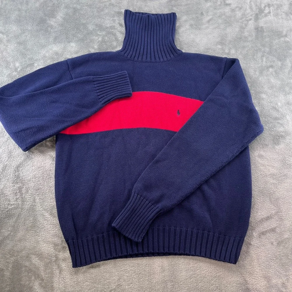 Polo Ralph Lauren Mens Navy Blue Red Stripe Turtleneck Cotton Knit Sweater Large